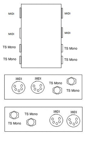 2 MIDI Through 2 TS Mono Pedal Board Box Patch Bay