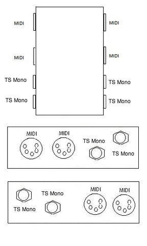 2 MIDI Through 2 TS Mono Pedal Board Box Patch Bay